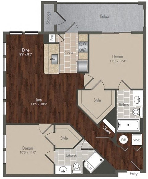 Floor plan for 2 beds, 2 baths, 962 sqft